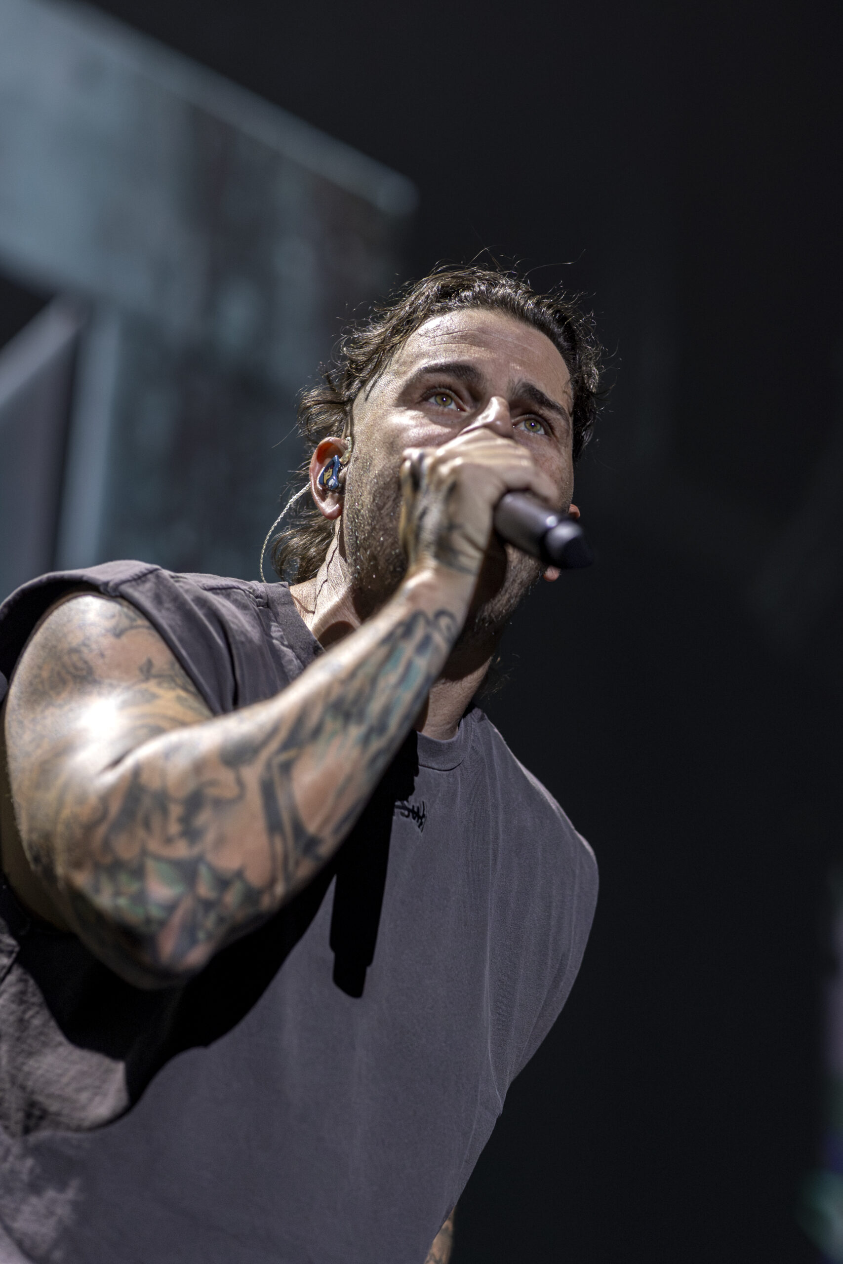 Avenged Sevenfold vocalist performs in close-up at Ball Arena.